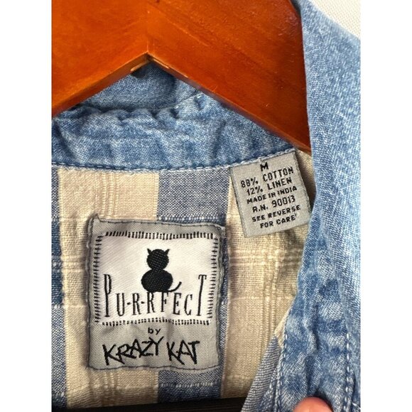 Purrfect By Krazi Kat Womens Medium Sleeveless Blue & White Plaid Button Down To - Picture 2 of 6